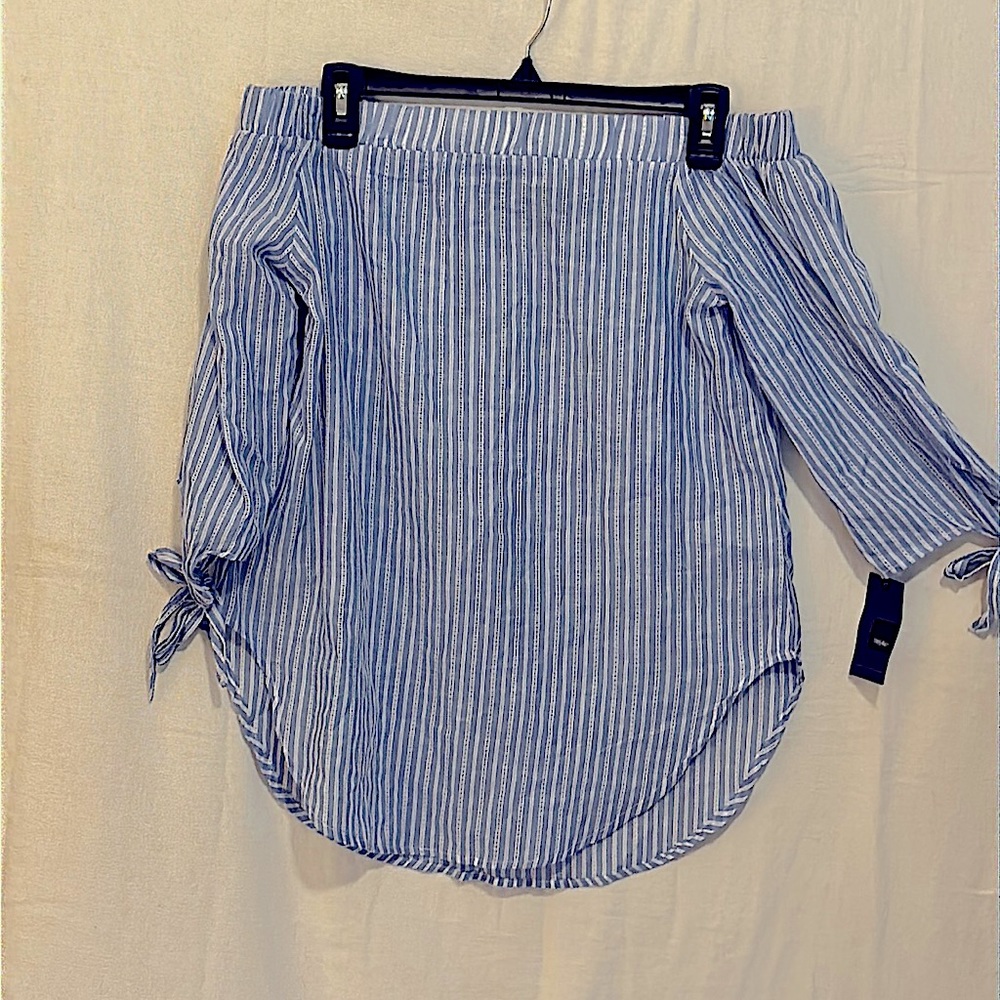 Mossimo Off the shoulder blue and white striped shirt.